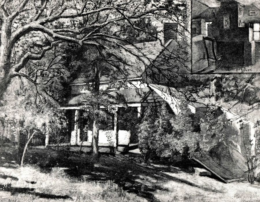 A 19th-century engraving of Poe Cottage among the trees in Fordham
