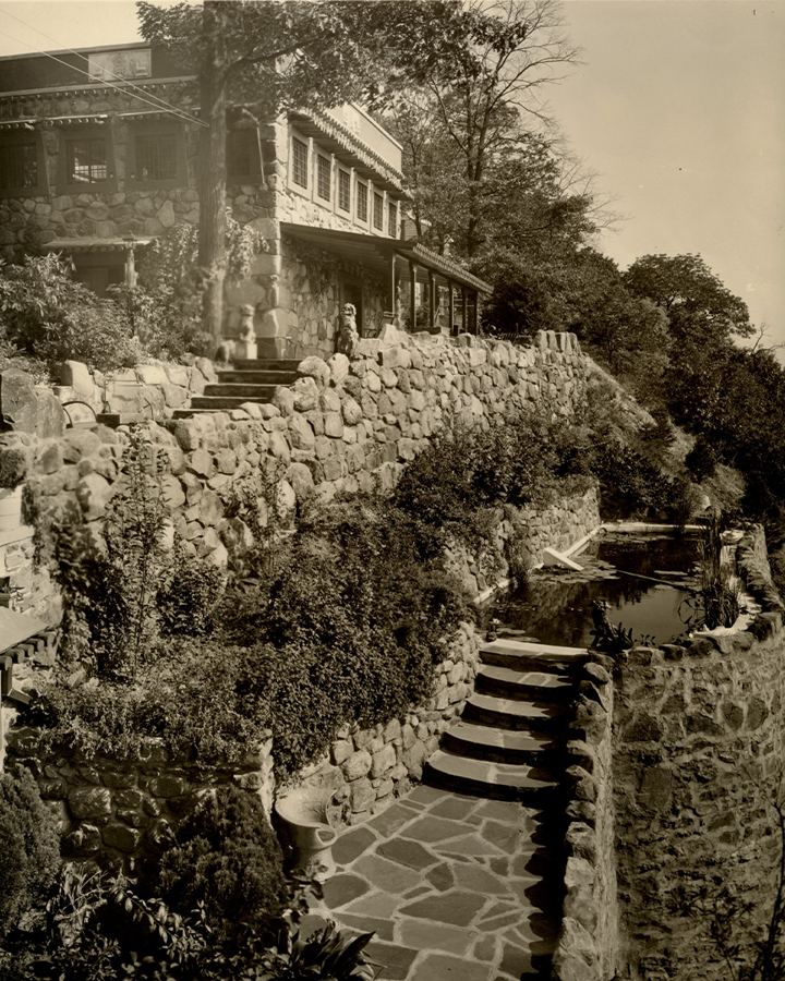 An archival view of the museum's stone terraces and stairs on Lighthouse Hill