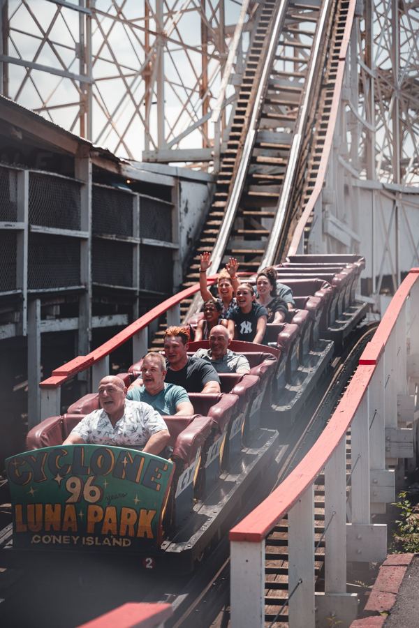Riders on a roller coaster at Luna Park in Coney Island
