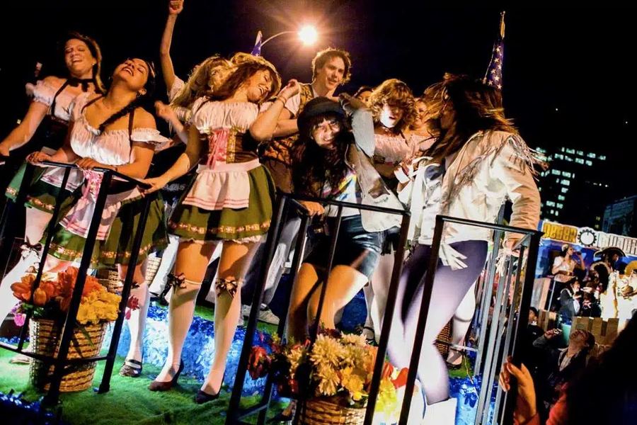 A Ferris Bueller float with dancers on Sixth Avenue