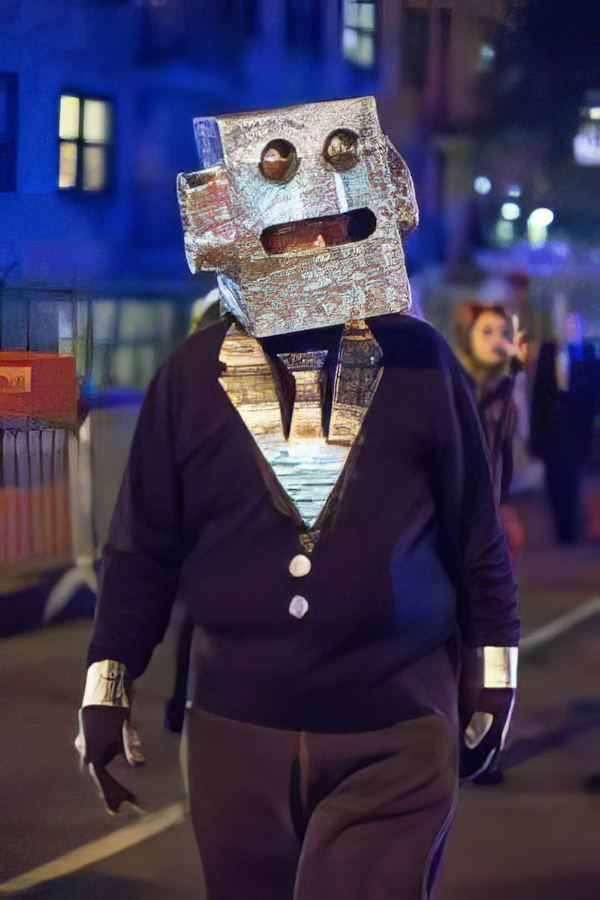 A homemade foil robot costume in the parade