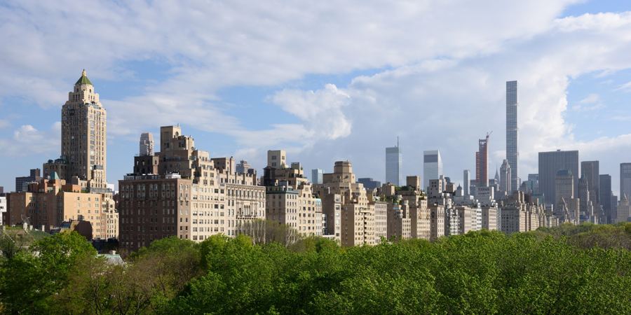 The view from the Met's roof garden over Central Park's treetops to the Midtown skyline