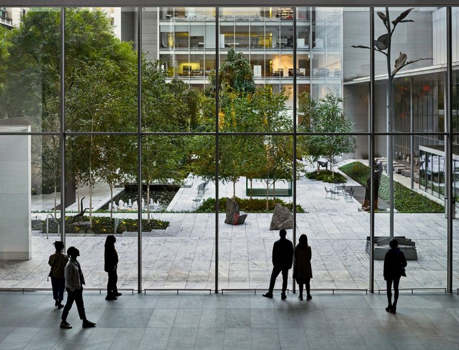 A view from the Agnes Gund Garden Lobby looking out onto the Abby Aldrich Rockefeller Sculpture Garden.
