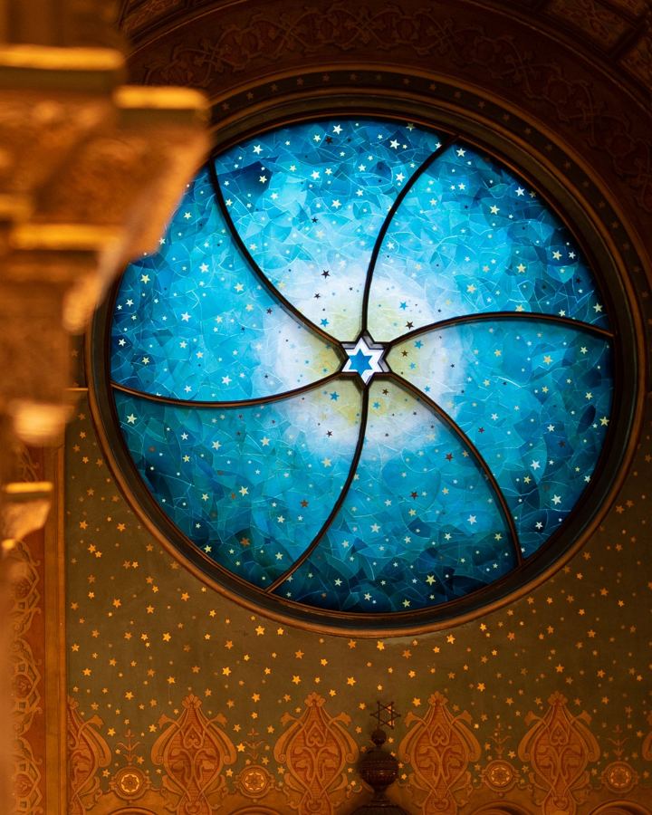 The blue rose window at the Museum at Eldridge Street, close up