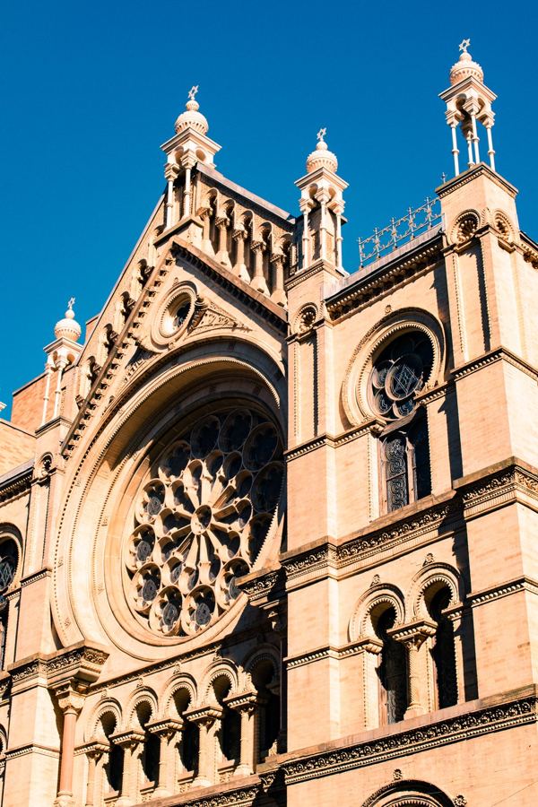 The Moorish Revival facade of the Eldridge Street Synagogue on the Lower East Side