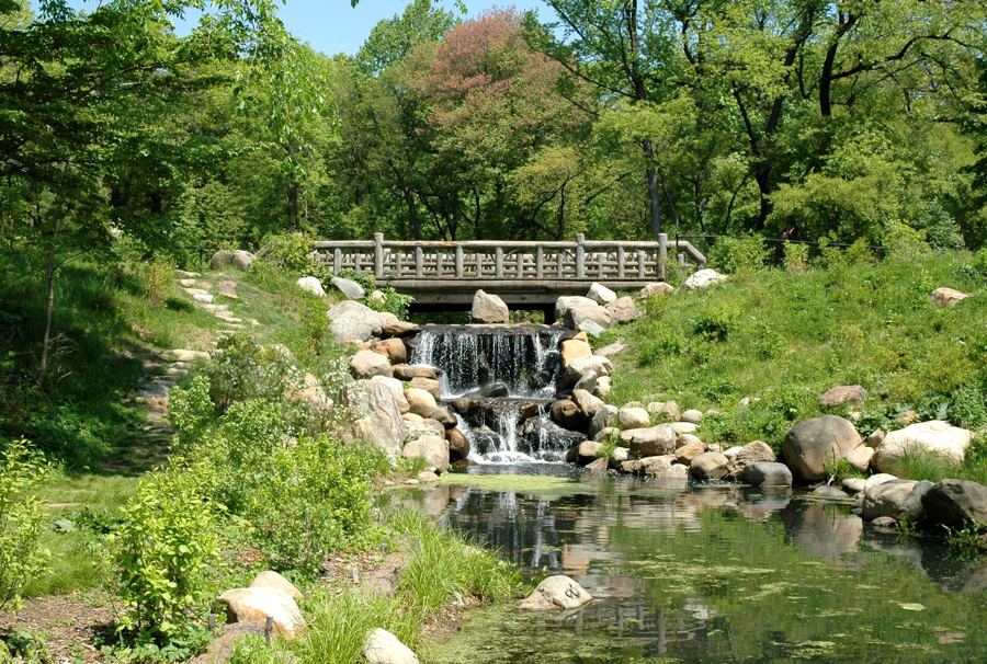 Binnen Falls in Prospect Park's Ravine, water spilling over boulders beneath a rustic wooden bridge into a still pool, under a green spring canopy