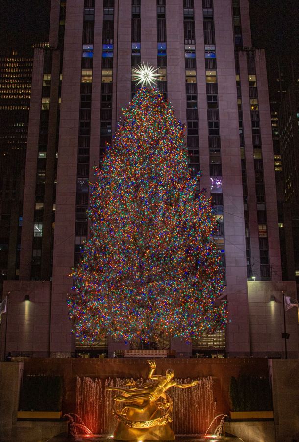 The Rockefeller Center tree lit at night