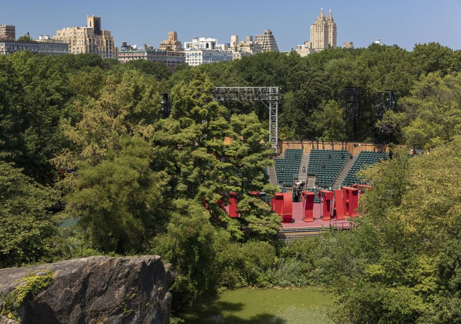 The Delacorte Theater seen across the trees and Turtle Pond from Belvedere Castle, Central Park West beyond