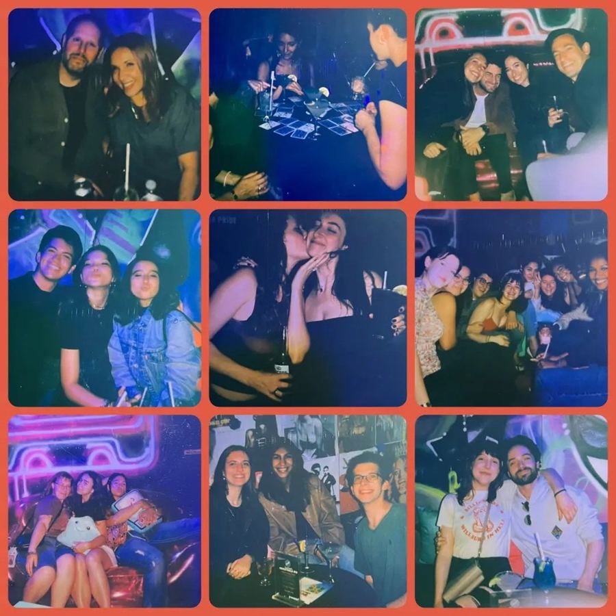 A grid of polaroids from The Duplex's '90s Speakeasy nights: friends on the banquettes under neon