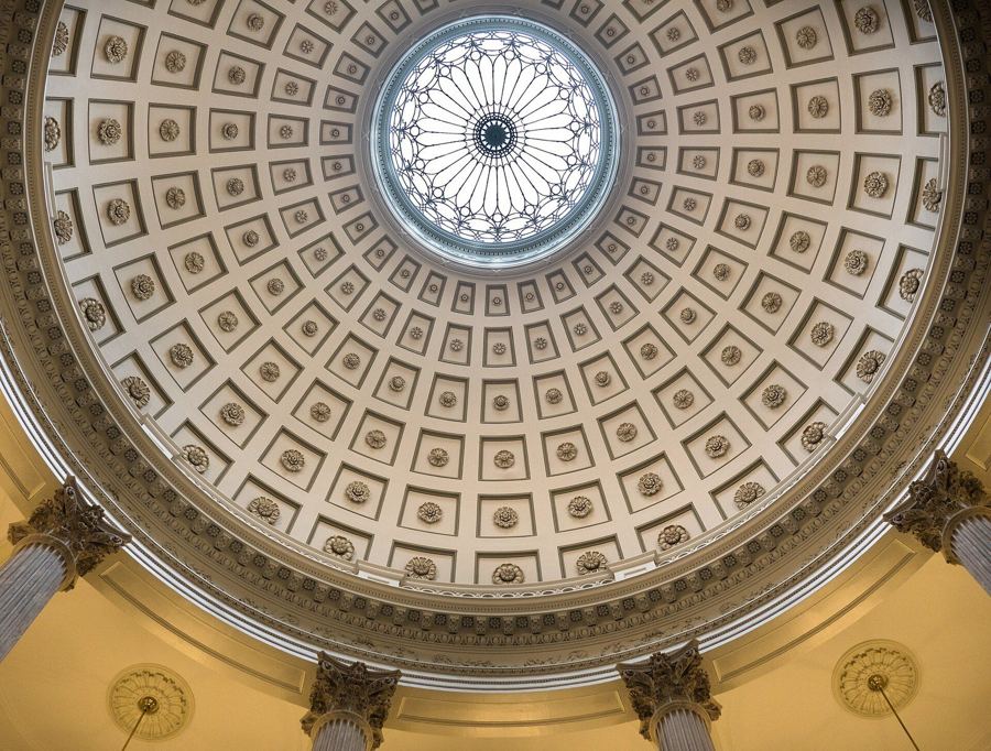 Looking up into the coffered dome and oculus of the City Hall rotunda