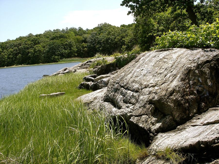 Glacial rocks and marsh grass on the northern tip of Hunter Island in Pelham Bay Park, with Long Island Sound beyond