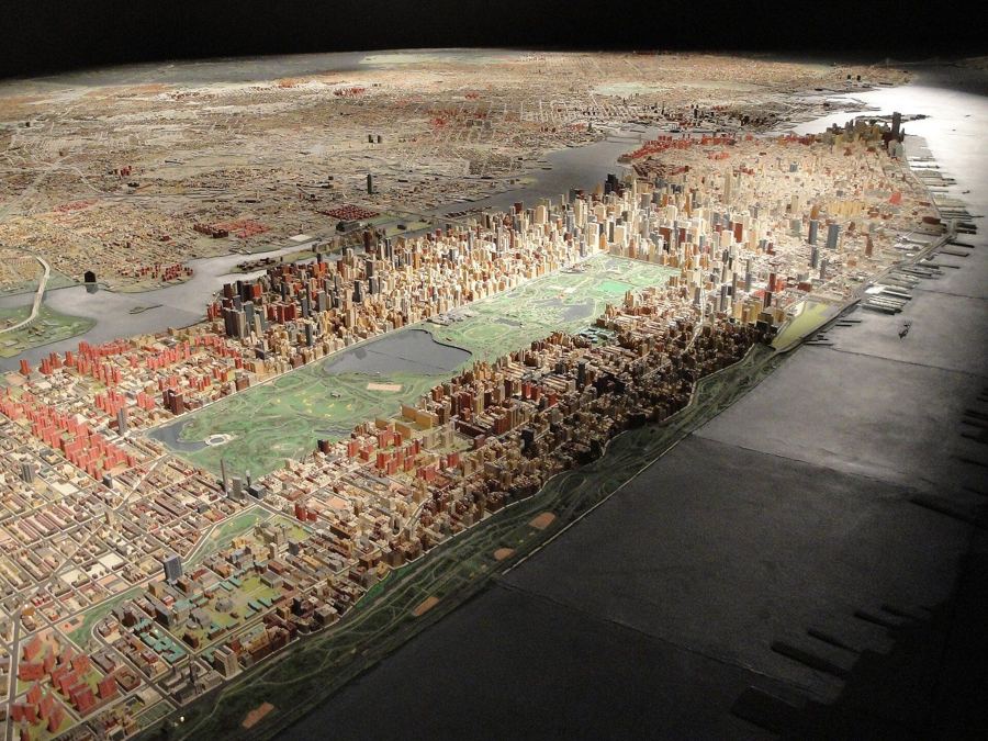 The Panorama of the City of New York at the Queens Museum, a vast scale model of Manhattan's skyline and the surrounding boroughs