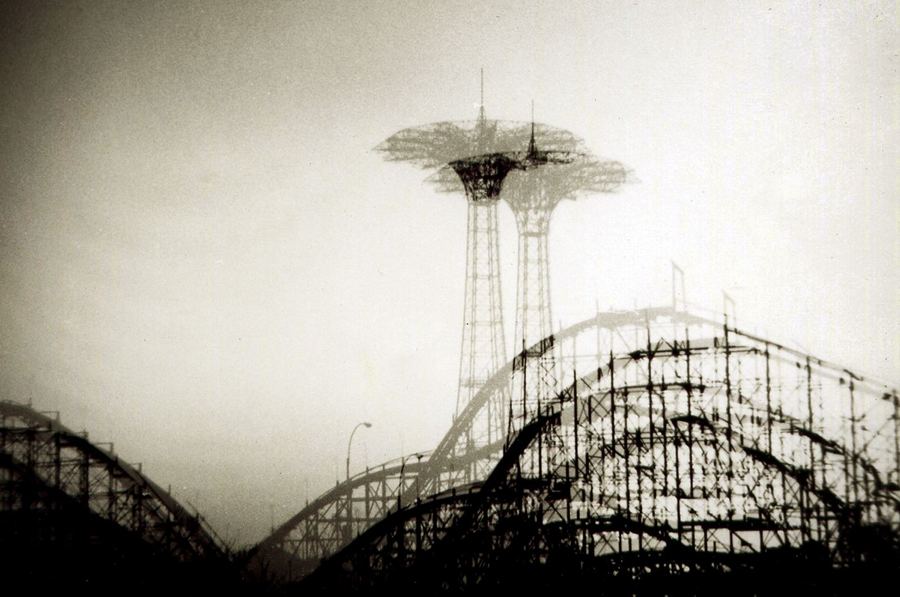 The Cyclone roller coaster and Parachute Jump in black and white