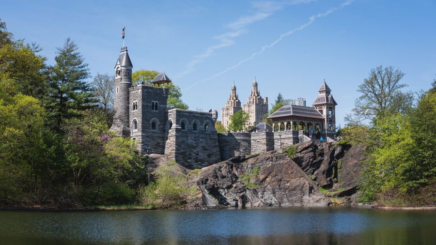 Belvedere Castle on Vista Rock above Turtle Pond, the San Remo towers behind