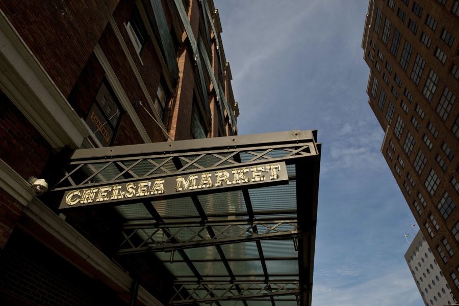 The steel-and-glass Chelsea Market canopy with its gold lettering on the old Nabisco factory