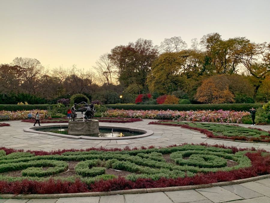 The Untermyer Fountain and patterned flower beds of the Conservatory Garden in autumn