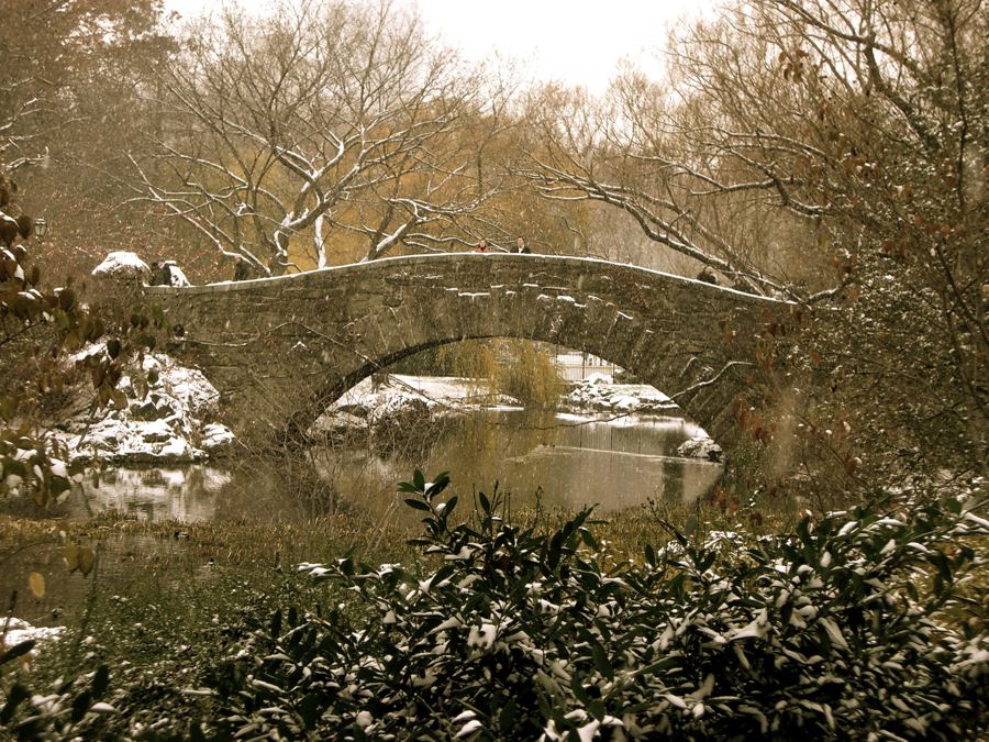 Gapstow Bridge over the Pond in a light snow, framed by bare trees