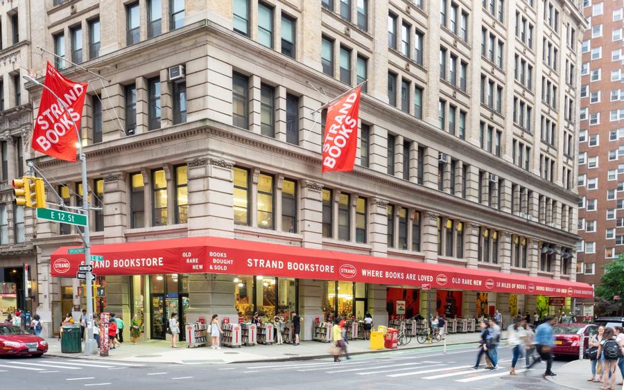The Strand's red-awninged corner storefront at Broadway and East 12th Street