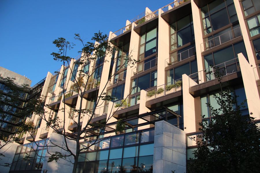 The planted timber-and-glass facade of 1 Hotel Brooklyn Bridge at Pier 1, Brooklyn Bridge Park