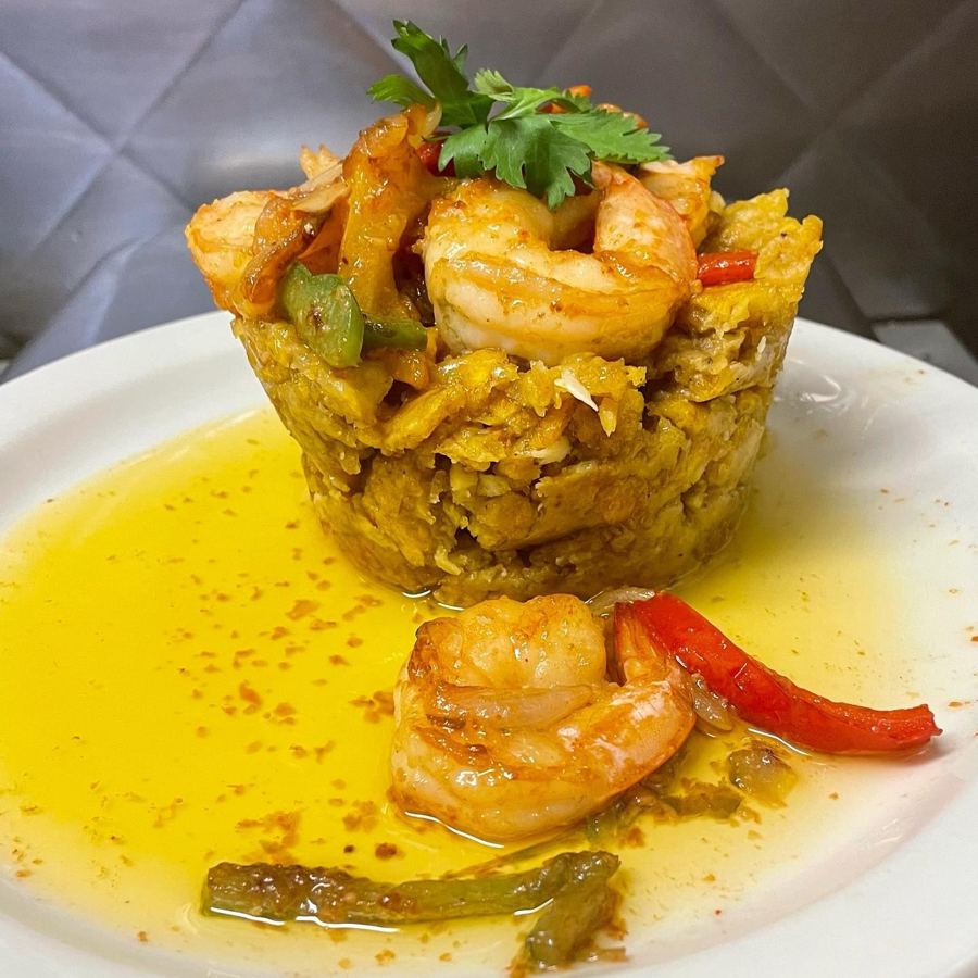 Garlic shrimp over a mound of mofongo at Casa Adela on Avenue C