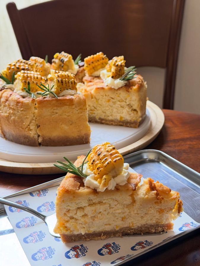 Baked corn cheesecake topped with charred sweet corn at Chim Chim