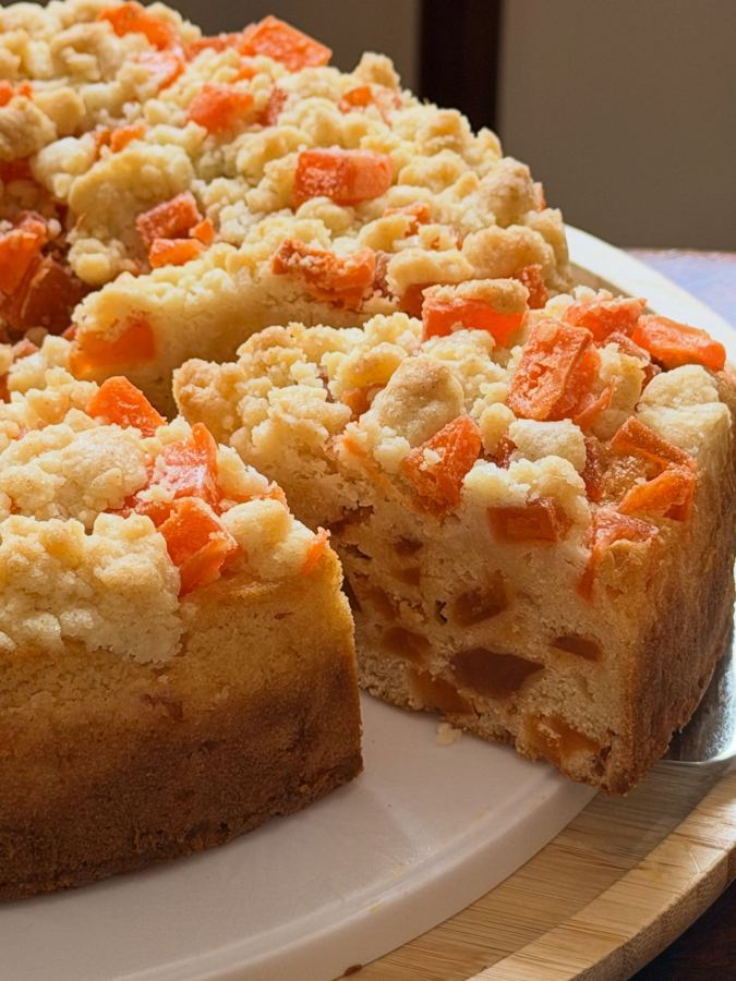Bael fruit crumble cake, a Thai classic, sliced at Chim Chim