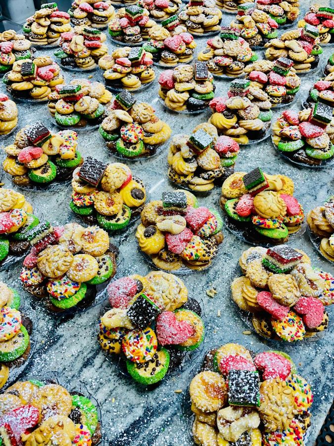 Rows of decorated Italian cookies at Fortunato Brothers