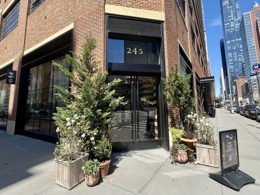 The glass entrance of Hav & Mar at 245 Eleventh Avenue in the brick Starrett-Lehigh Building, flanked by potted shrubs and a sidewalk sign
