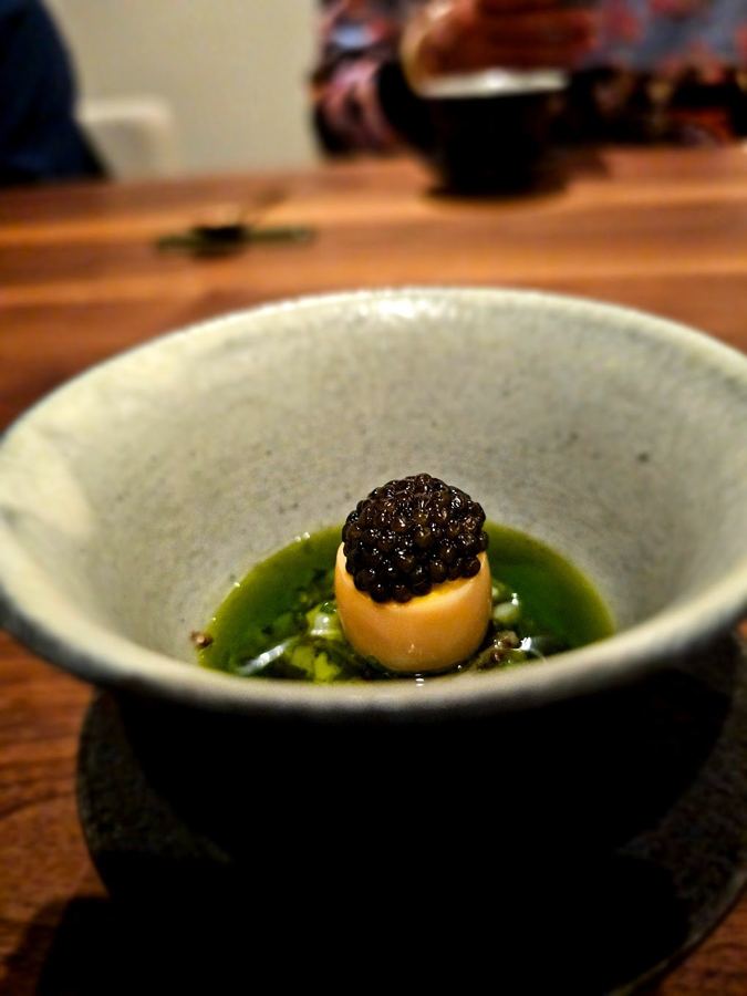 A course at Joo Ok: spotted shrimp and geoduck with house-made perilla oil in a ceramic bowl