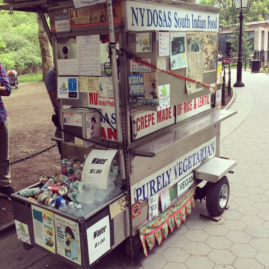 The NY Dosas cart in Washington Square Park, plastered with press clippings and signs reading 'South Indian Food' and 'Purely Vegetarian'.