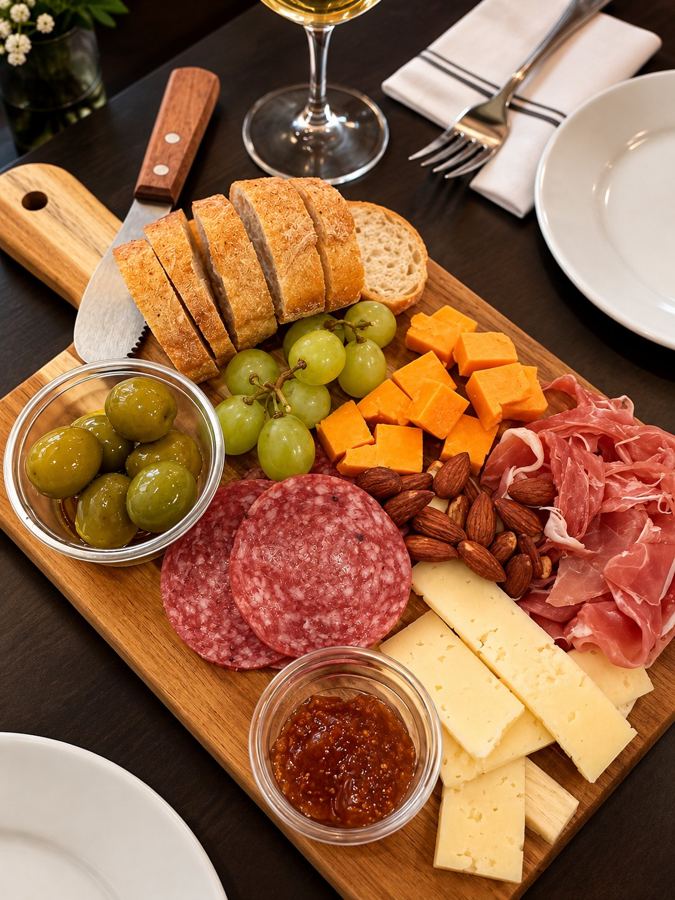 A Pour BX charcuterie board: salami, cheeses, grapes, olives and bread