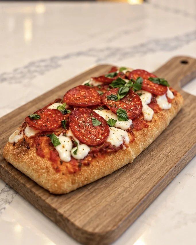 A pepperoni and mozzarella flatbread on a wooden board at Pour BX