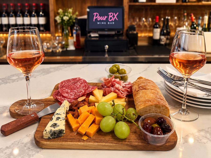 Two glasses of rosé and a charcuterie board on the marble bar at Pour BX, wine bottles lit behind