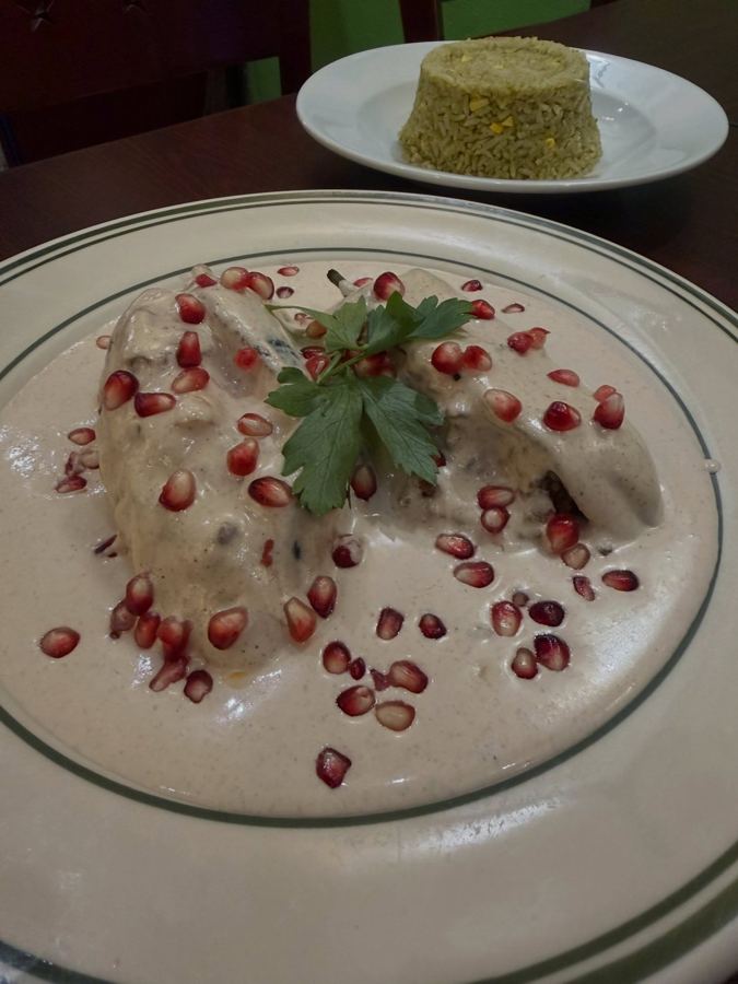 Chiles en nogada with walnut sauce and pomegranate at Taqueria Tlaxcalli