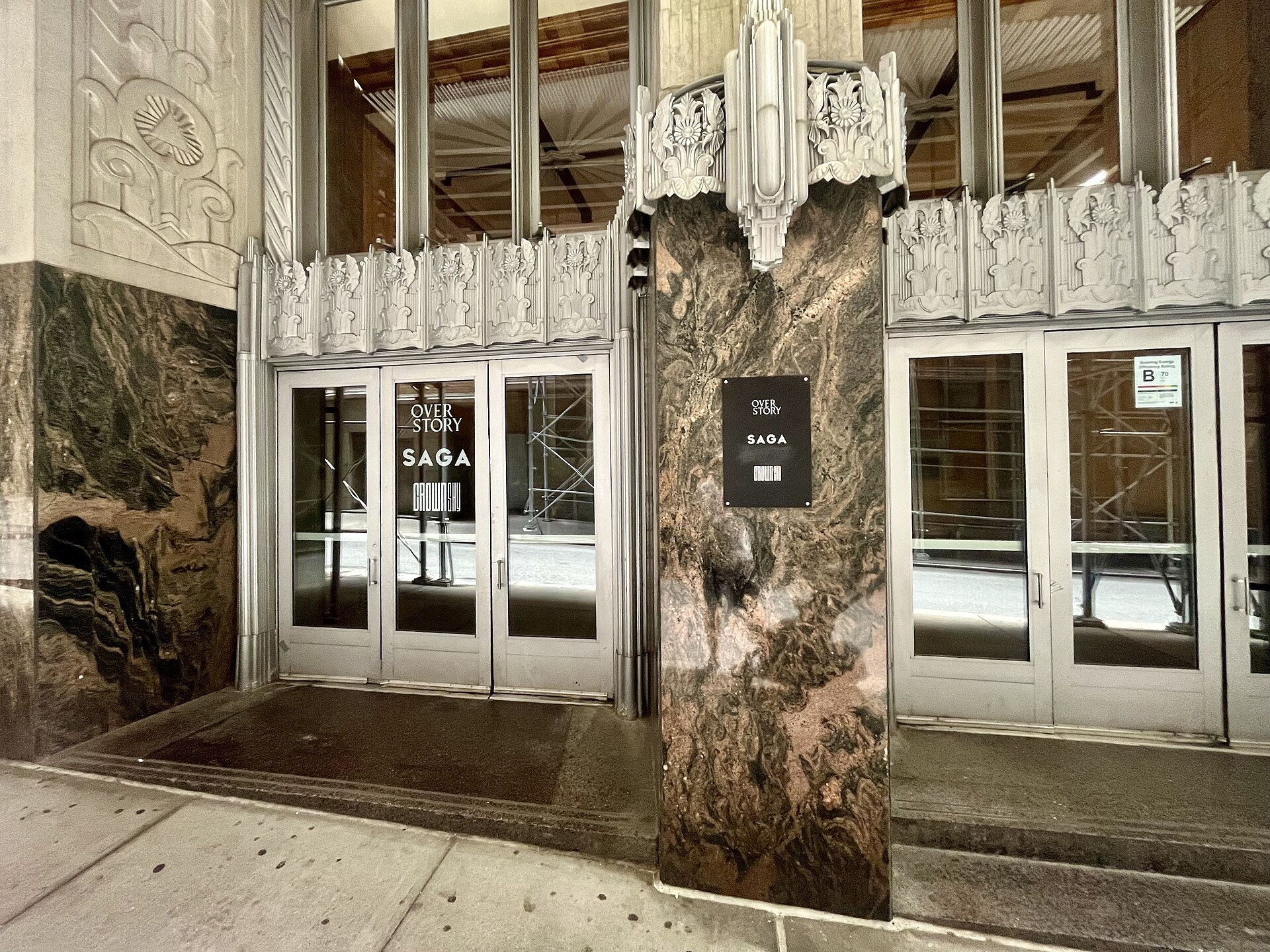 The Art Deco entrance of 70 Pine Street, home of Crown Shy, Saga and Overstory, in the Financial District