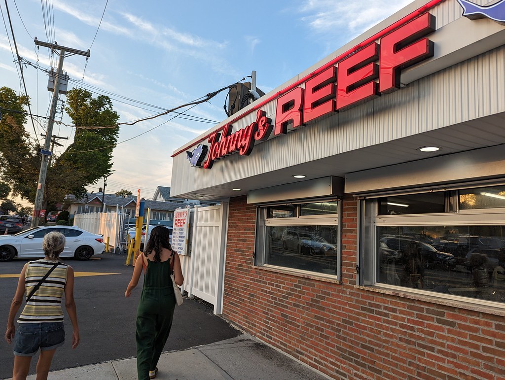 Johnny's Reef Restaurant, its red sign over the takeout windows at the tip of City Island