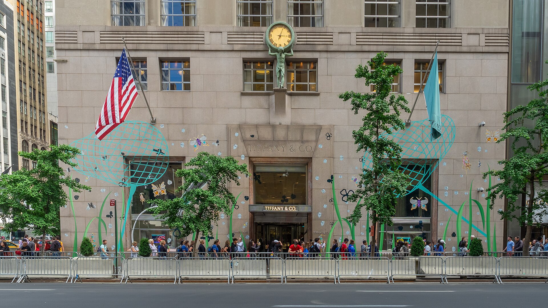 The Fifth Avenue facade of Tiffany & Co.'s flagship at 57th Street, with the Atlas clock over the doors