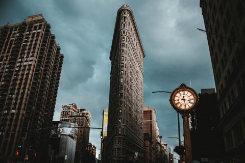 The Flatiron Building in New York City shot from a low angle