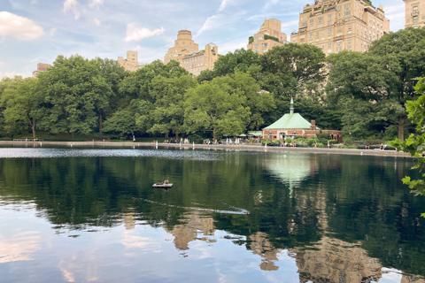 Conservatory Water, the model-boat pond in Central Park, with Kerbs Boathouse and Fifth Avenue apartments beyond