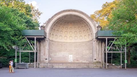 The limestone Naumburg Bandshell at the north end of the Mall in Central Park