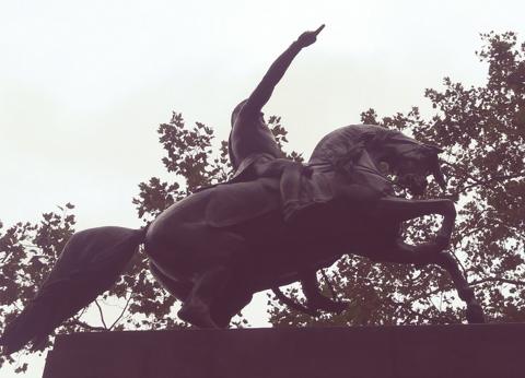 The equestrian statue of José de San Martín at Sixth Avenue and Central Park South