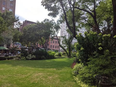 The lawn and plantings of Jefferson Market Garden on Greenwich Avenue