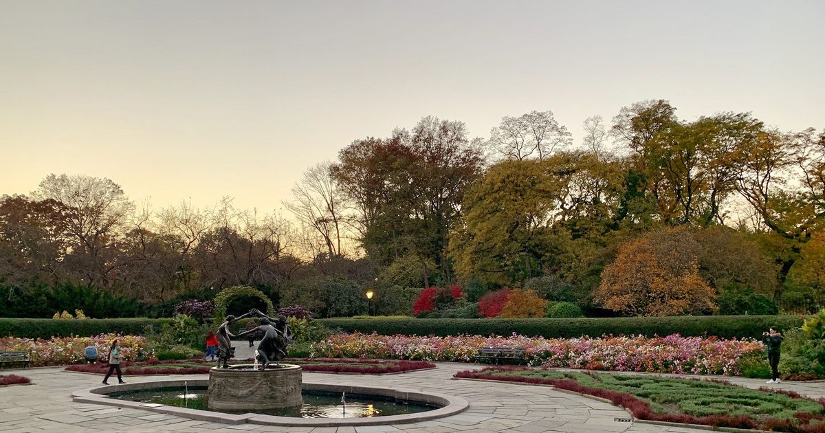 Paths and autumn trees in the Conservatory Garden, Central Park